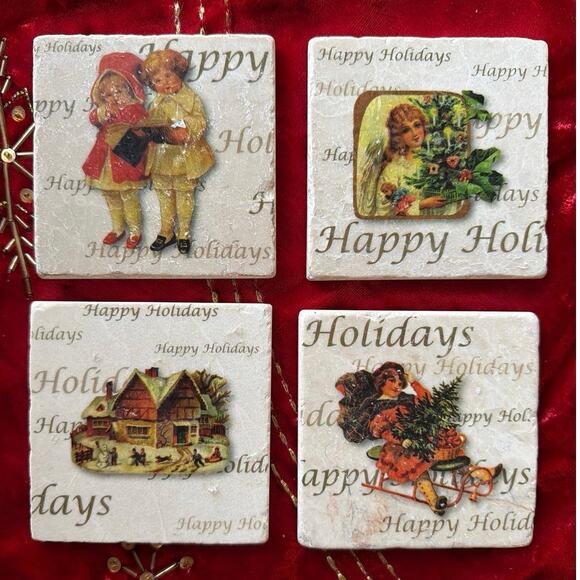Studio Vertu Handmade Victorian Vintage Christmas 4” Coaster Set Made USA Gift - Picture 1 of 8